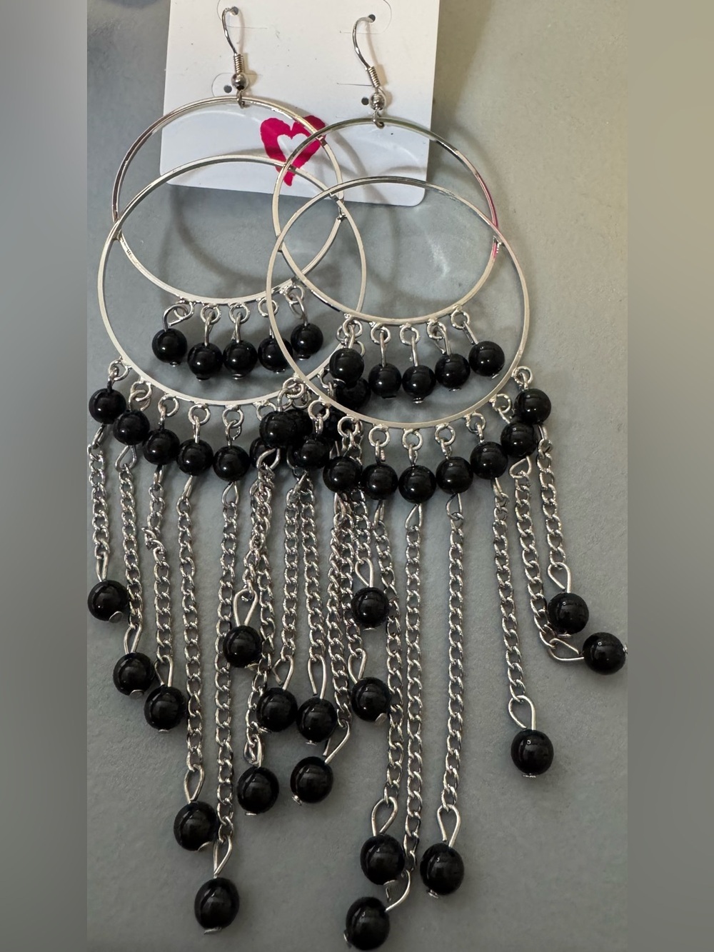 Bohemian Black Bead Fringe Hoop Earrings long dangle